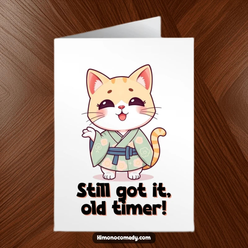 Funny Free Printable Birthday Card: Kawaii cat in a kimono shrugs playfully, looking unsure but cute.
