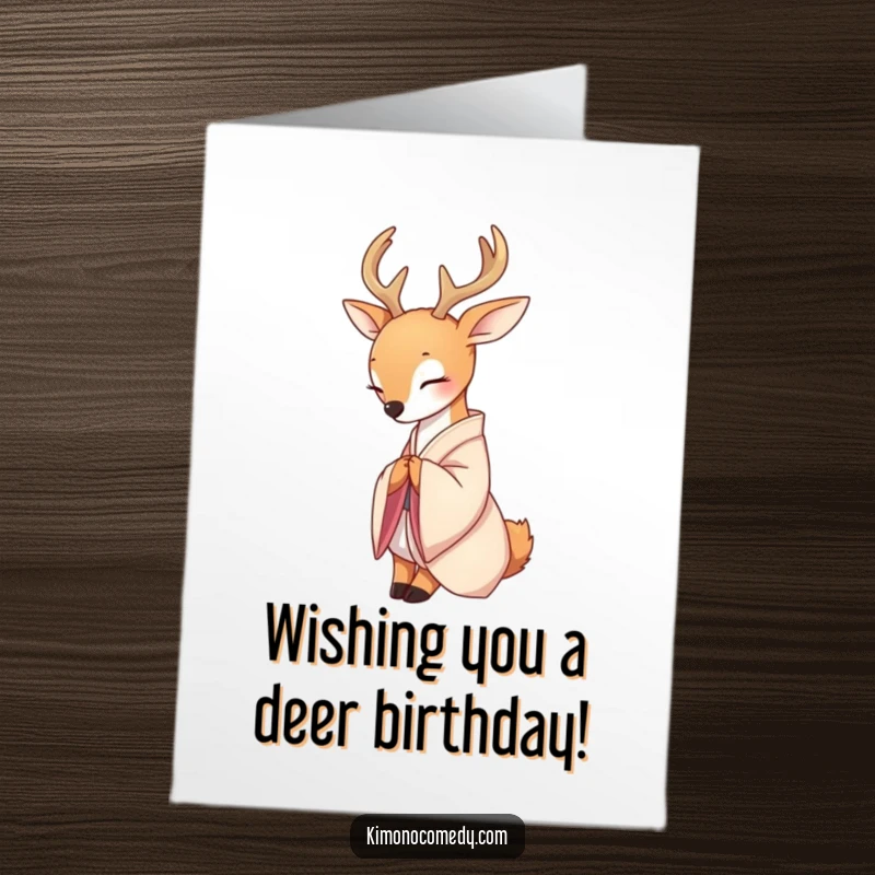 Free Printable Birthday Card: A serene deer wearing a delicate silk kimono gracefully bows with peaceful elegance.
