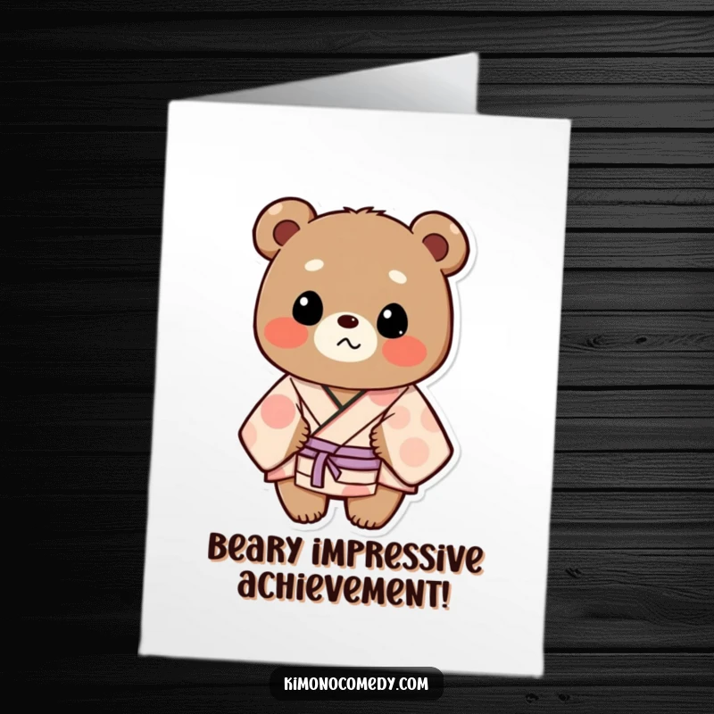 Free Printable Congratulations card: a bear in a stylish kimono looking genuinely surprised.