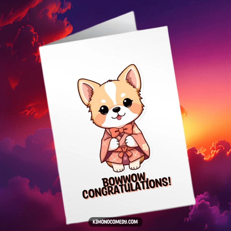 Funny Free Printable Congratulations Card of a dog in a detailed kimono, doing a respectful bow to honor achievements.