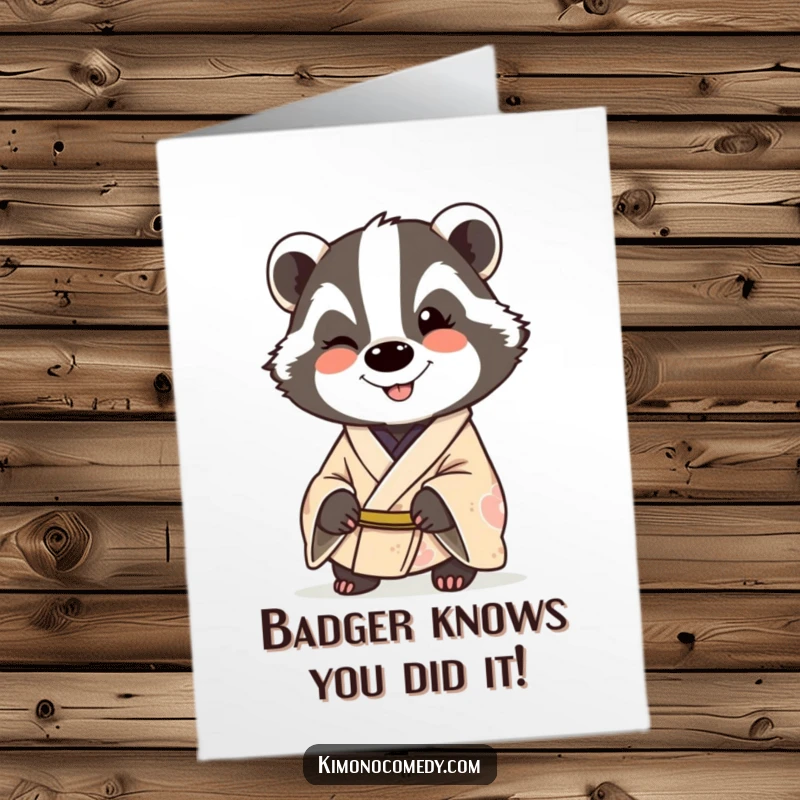 Funny Free Printable Congratulations Card of a smiling badger in a kimono, giving a sly wink to acknowledge success.