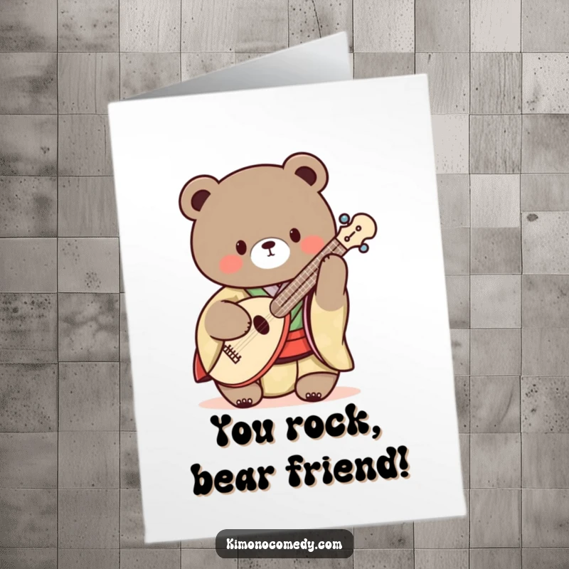 Funny Free Printable Congrats Card: Kawaii bear in a traditional kimono playing a shamisen with musical flair.
