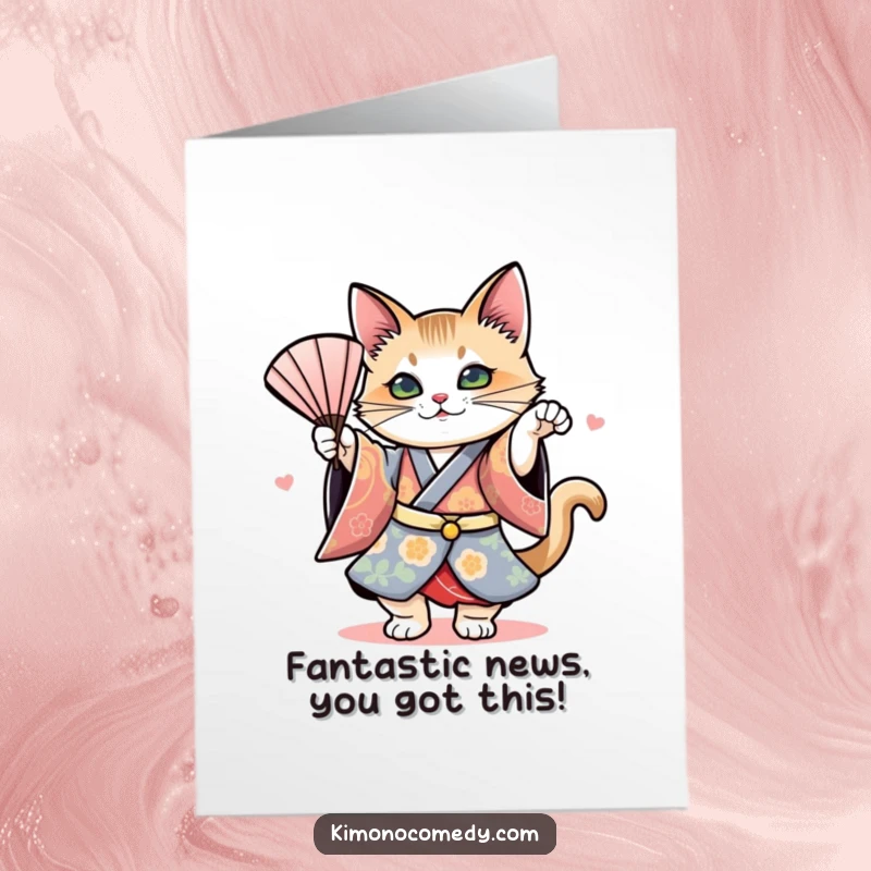 Funny Free Printable Congratulations Card: A cat in a dynamic kimono does a dramatic and elegant fan dance.