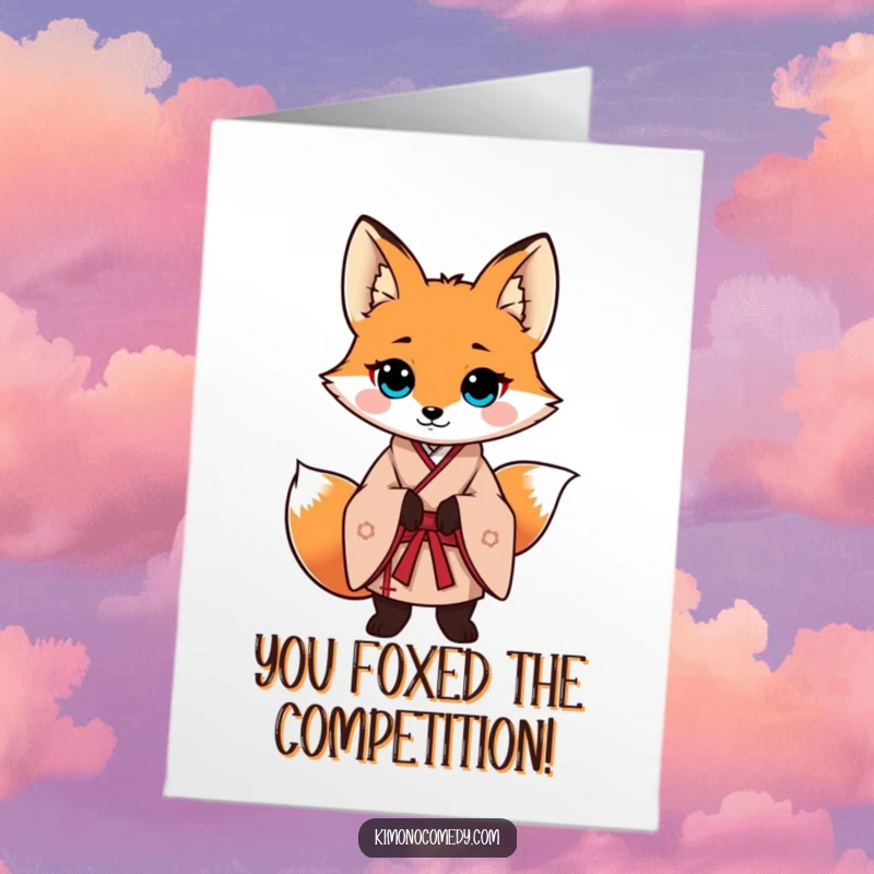 Funny Free Printable Congratulations Card: A fox in a traditional kimono poses confidently, embodying success and sophistication.