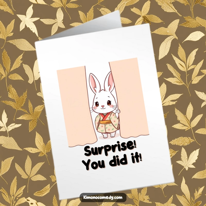 Funny Free Printable Congrats Card: Kawaii rabbit in a floral kimono peeks shyly, offering congratulations.