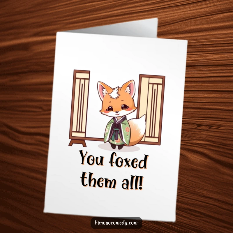 Funny Free Printable Congratulations Card: An elegant fox in a kimono playfully peeks from behind a screen.