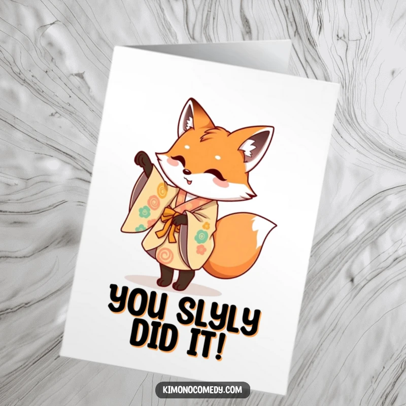 Funny Free Printable Congrats Card: Mischievous fox in a vibrant kimono performing a playful pirouette, celebrating good news.