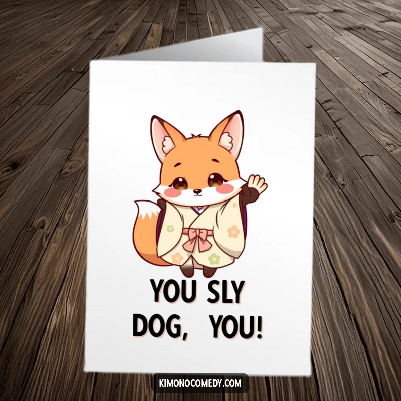 Free Printable Congratulations card: a cheerful fox in a beautifully draped kimono waves enthusiastically.