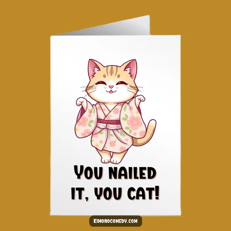 Free Printable Congrats Card: Graceful Kimono Cat Twirl - Charming Downloadable Humor