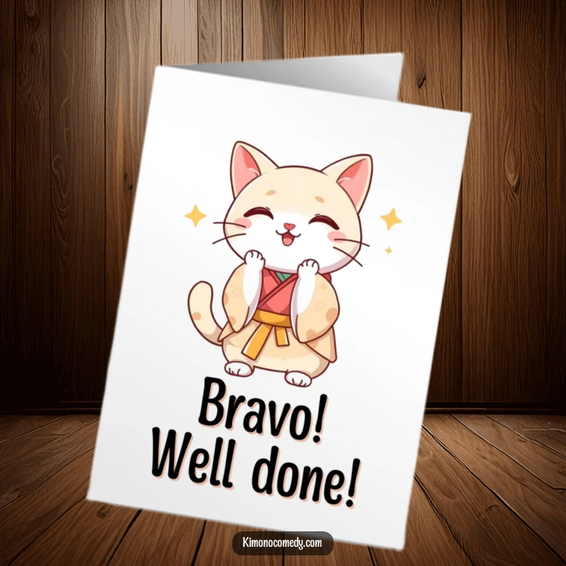 Funny Free Printable Congrats Card: Kawaii cat in a luxurious silk kimono enthusiastically claps its paws in celebration.