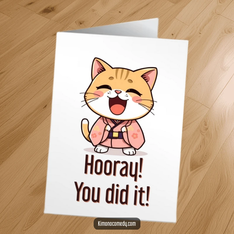 Funny Free Printable Congrats Card: Kawaii cat in elegant kimono bursts into uncontrollable laughter, celebrating good news.