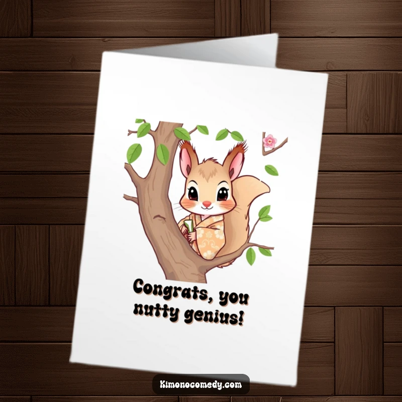 Funny Free Printable Congratulations Card: A curious squirrel in a kimono peeks from a branch, celebrating.