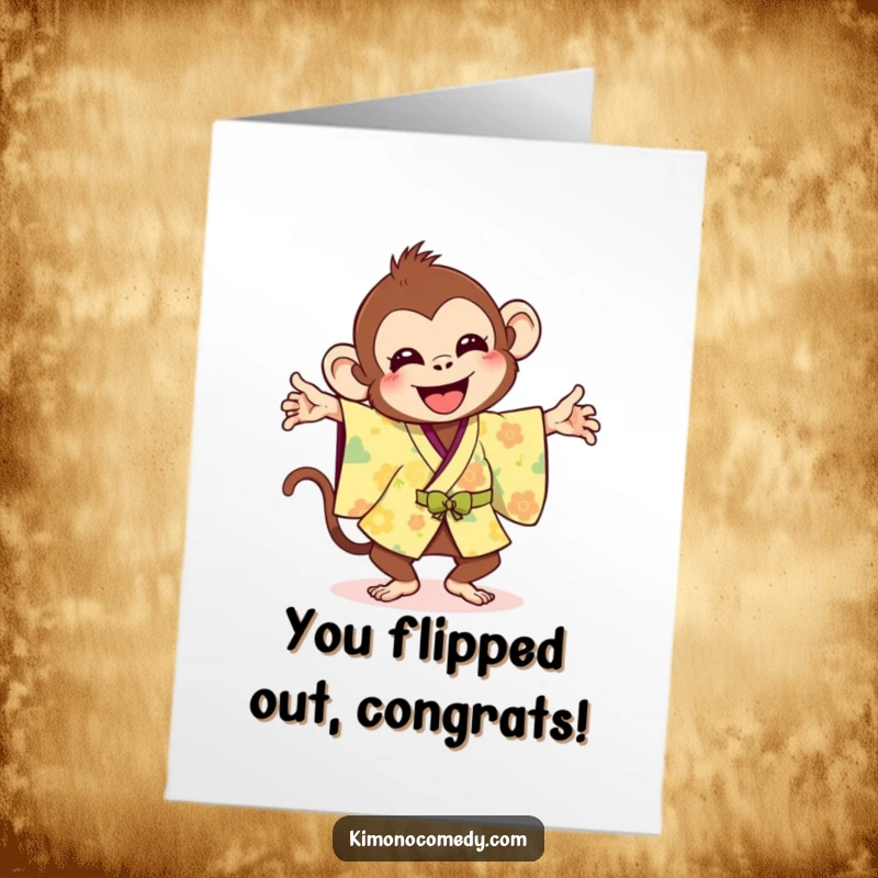 Funny Free Printable Congratulations Card: A joyful monkey in a bright kimono does a silly flip to celebrate.