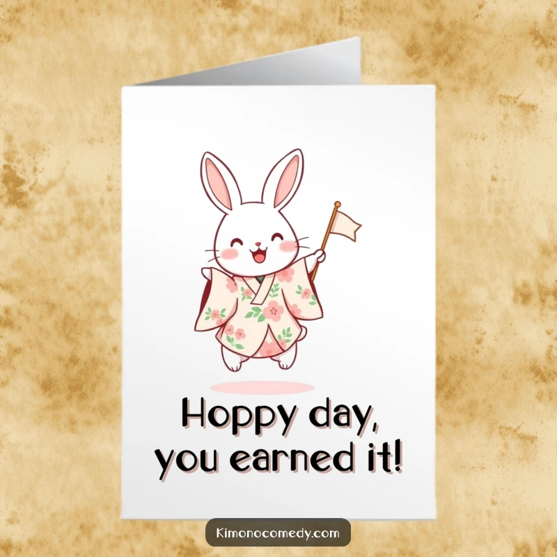 Funny Free Printable Congratulations Card: A rabbit in a floral kimono hops joyfully, waving a flag for success.