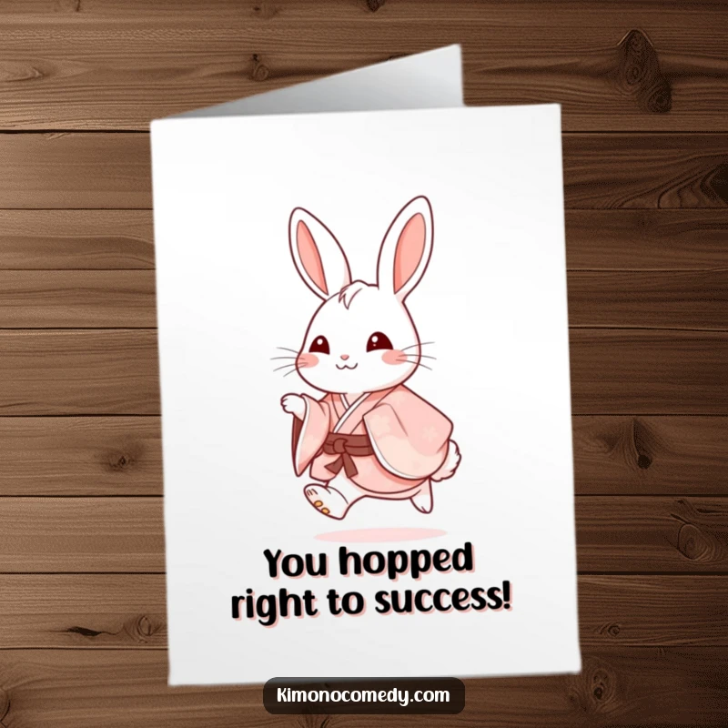 Free Printable Congratulations card: a delighted rabbit in a festive kimono mid-hop with joy.