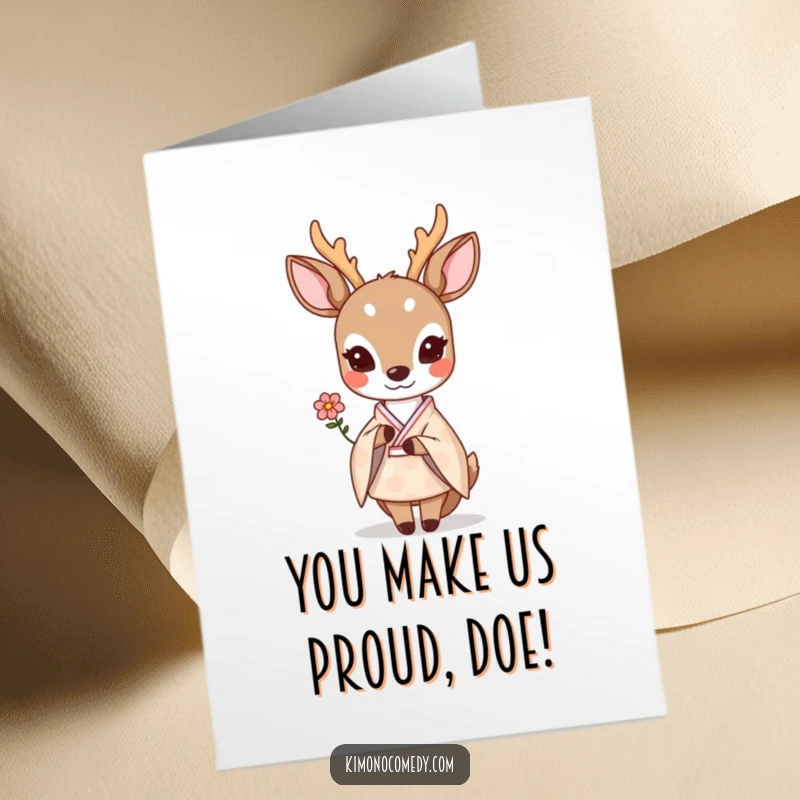 Free Printable Congratulations Card: A shy kawaii deer in a pastel kimono offers a flower with tender grace.