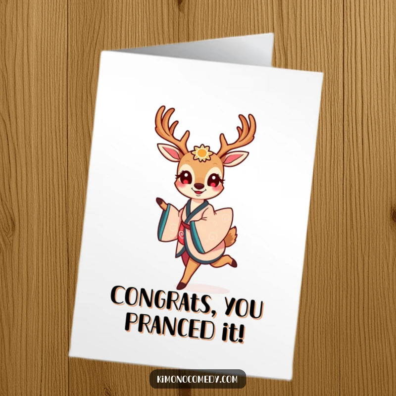 Graceful Free Printable Congratulations Card with a smiling kawaii deer in a kimono, prancing joyfully.