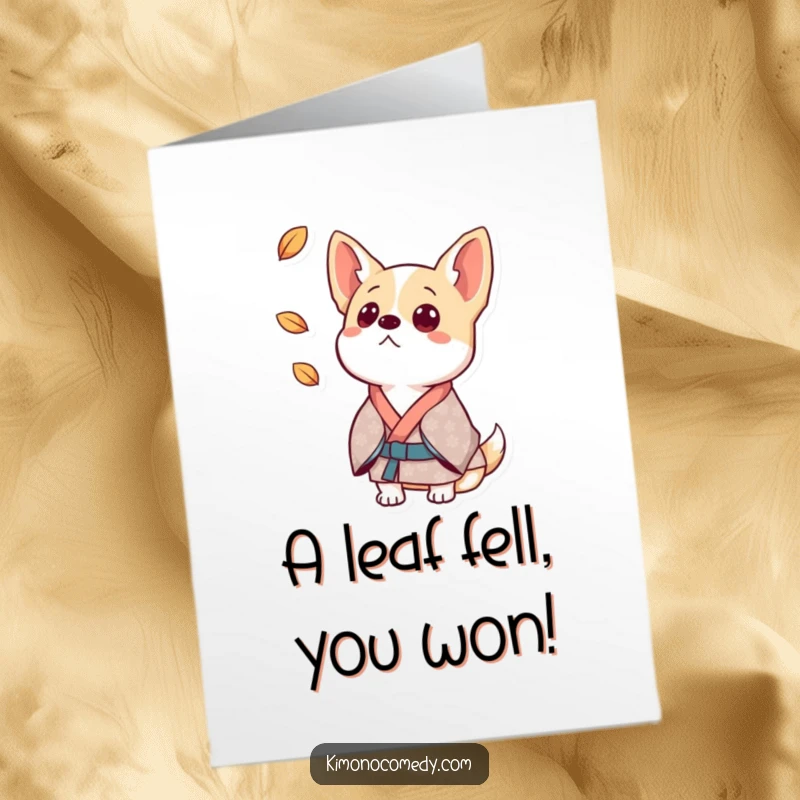 Funny Free Printable Congratulations Card: A surprised dog in a kimono, ears up, reacts to a falling leaf.