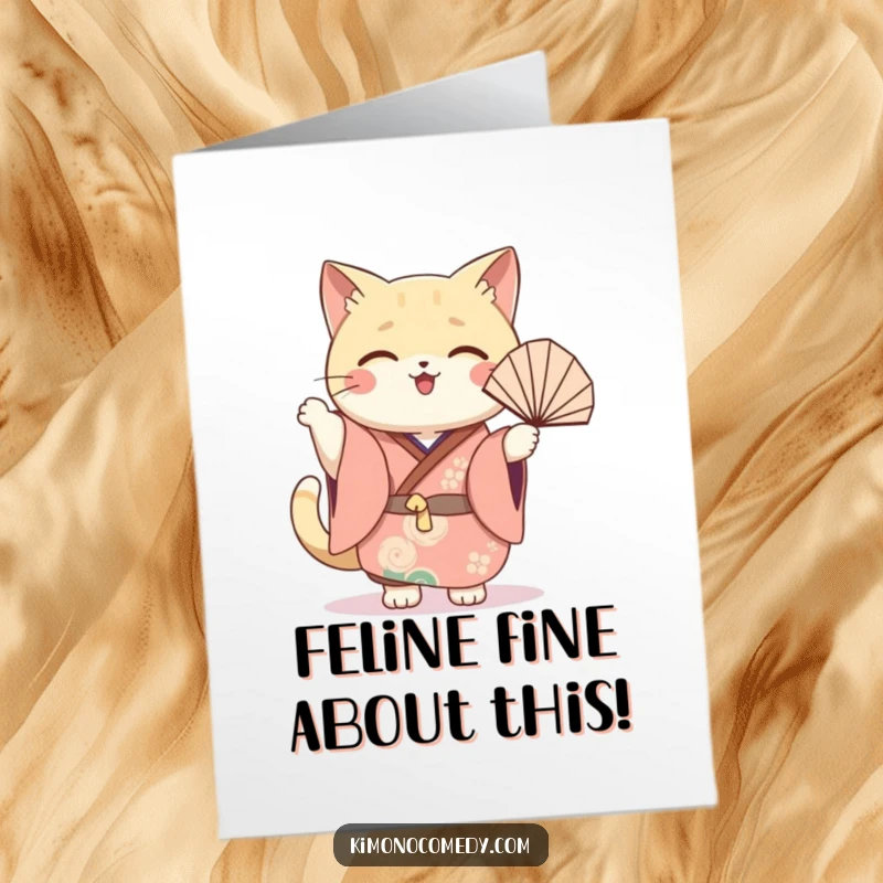 Funny Free Printable Congrats Card: Kawaii cat in a festive kimono, joyfully waving a fan, radiating happiness.