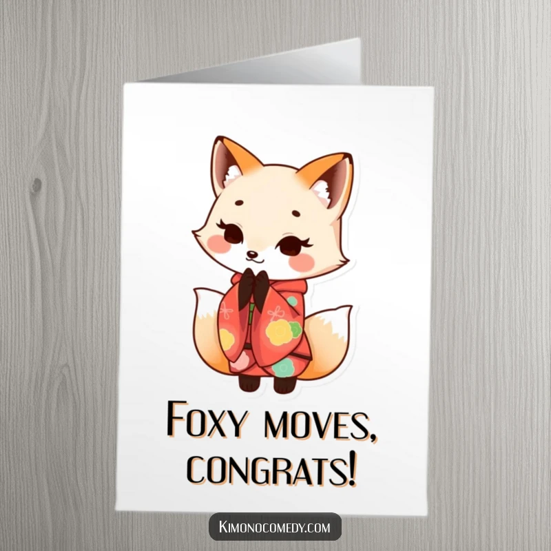 Funny Free Printable Congrats Card: A smiling kawaii fox wearing a vibrant kimono, offering a respectful bow.