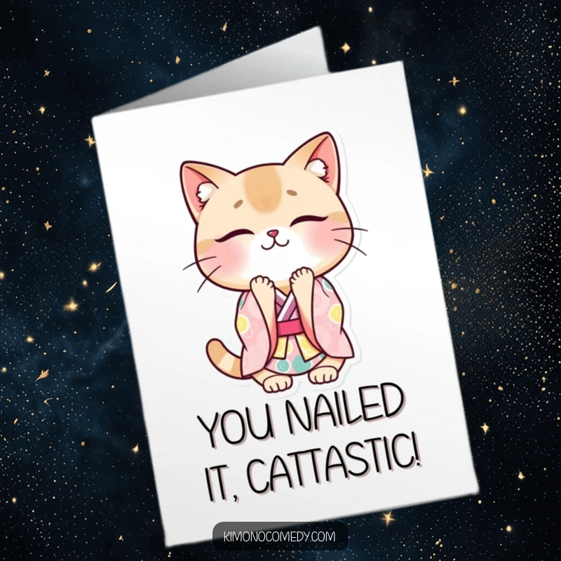 Funny Free Printable Congrats Card: Kawaii cat in a colorful kimono, bowing respectfully with a warm, happy smile.