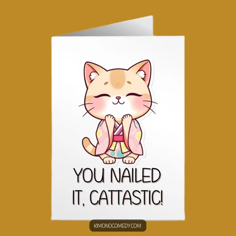 Free Printable Kawaii Cat Congrats Card: Bowing with Joy, Funny Downloadable Gift