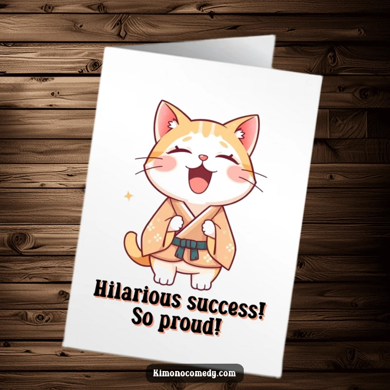 Funny Free Printable Congratulations Card showing a Kawaii cat in a sophisticated kimono overcome with fits of laughter.