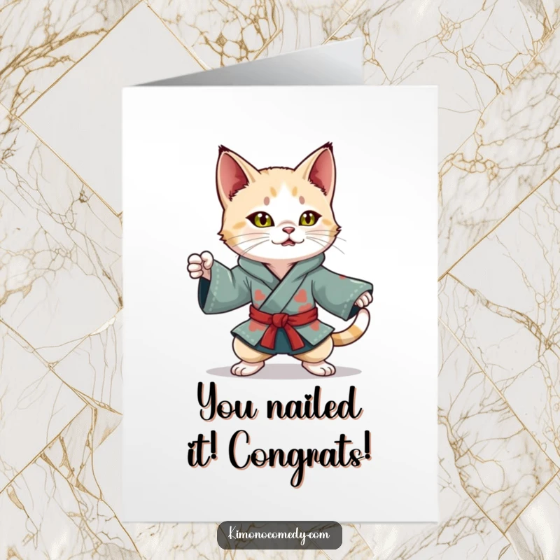 Free Printable Congrats Card: Playful kawaii cat in a colorful kimono performing an impressive ninja pose.
