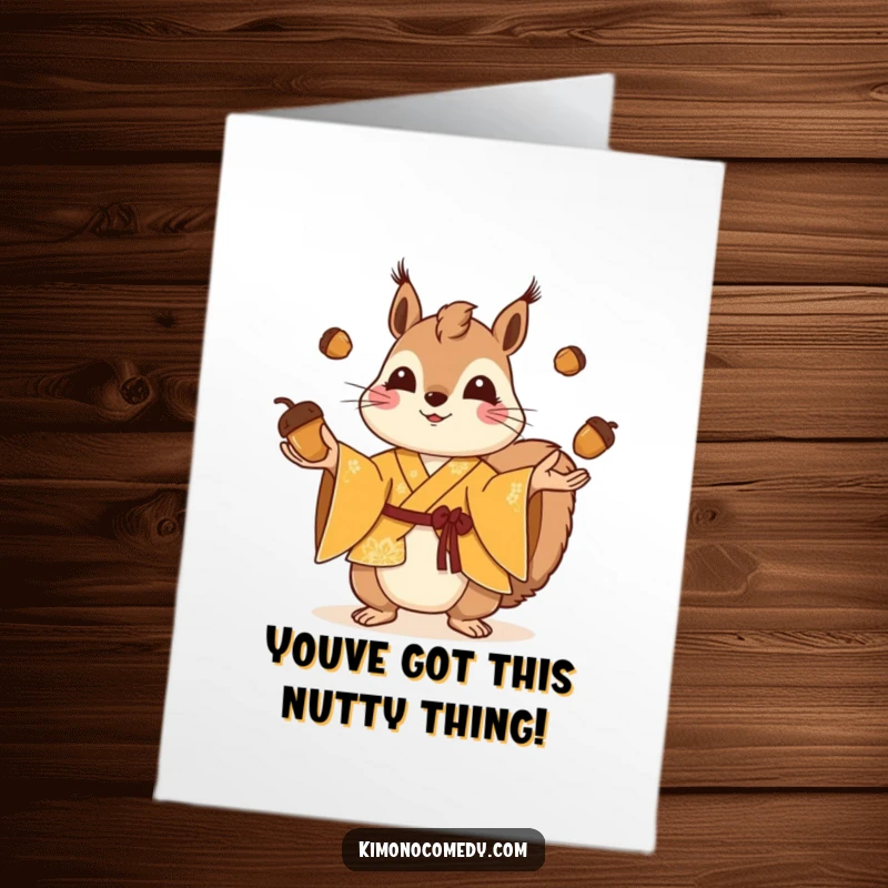 Funny Free Printable Congrats Card: A playful squirrel in a bright kimono juggles tiny acorns, celebrating your success.