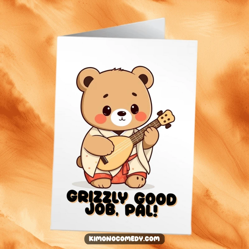 Funny free printable congratulations card featuring a jubilant Kawaii bear in a kimono playing a shamisen.