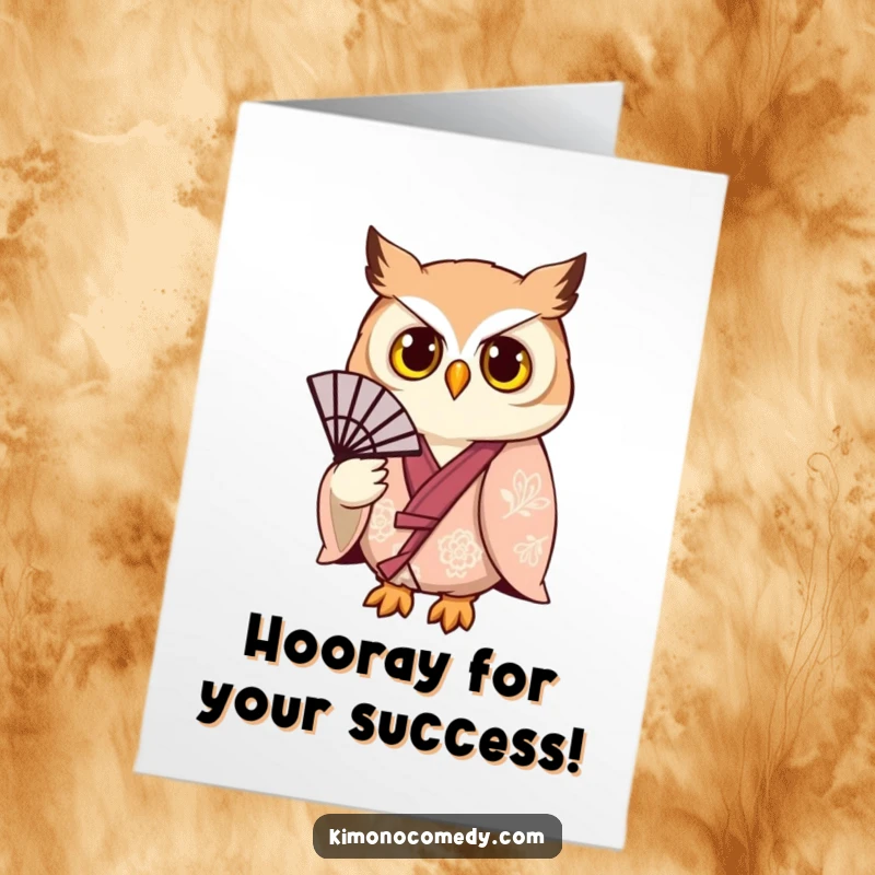 Funny Free Printable Congratulations Card showing a stylish owl in a kimono with a fan, conveying sophisticated well wishes.