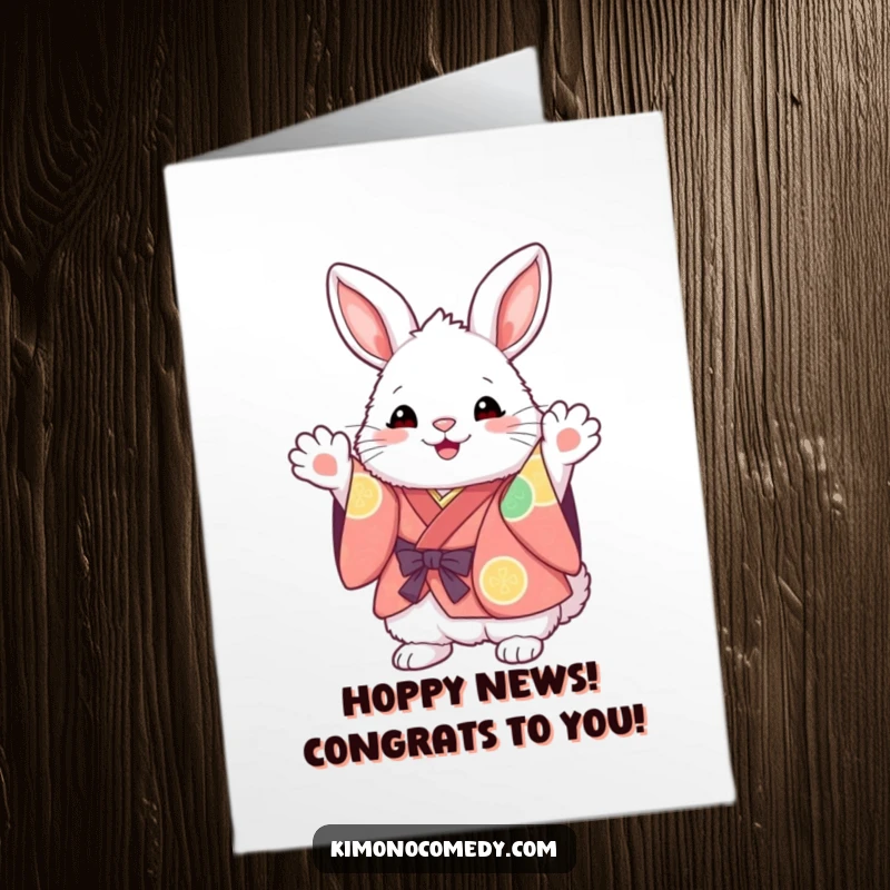 Free Printable Congrats Card: Excited fluffy kawaii bunny in a kimono waving paws in celebration.