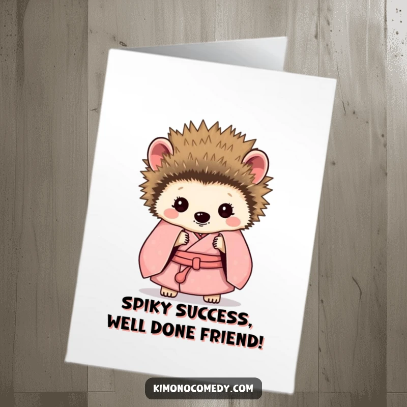 Funny free printable congratulations card with a shy hedgehog in a kimono peeking out from its quills.
