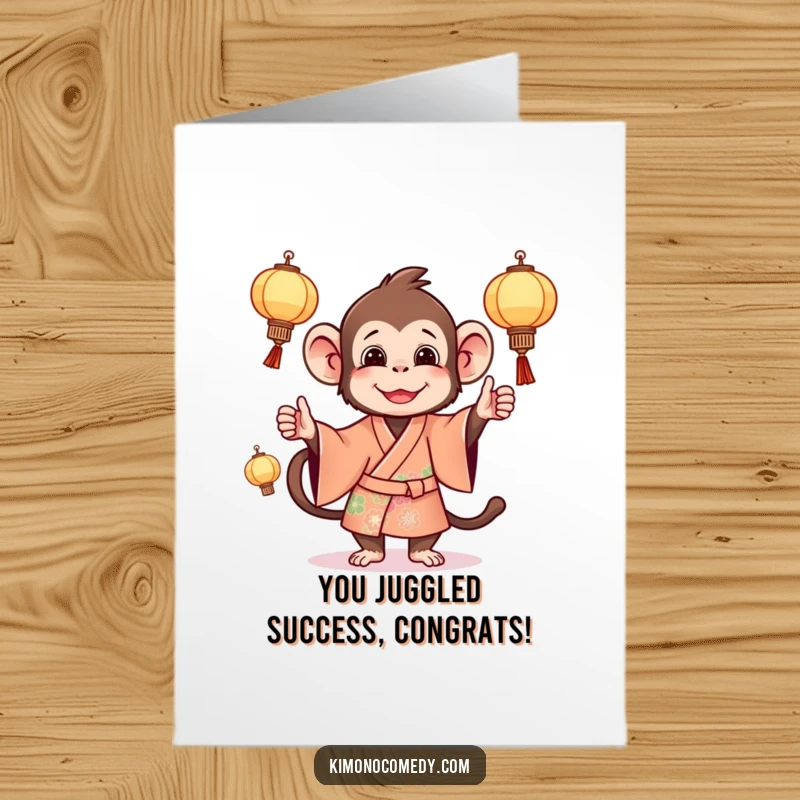 Funny Free Printable Congratulations Card: A playful monkey in a vibrant kimono juggles miniature lanterns skillfully.