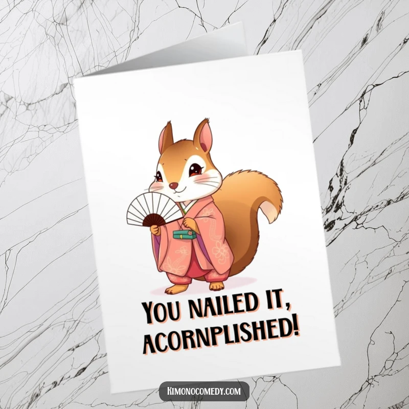 Funny Free Printable Congratulations Card: A squirrel wearing a bright kimono, holding a tiny fan, exuding pure celebratory joy and charm.