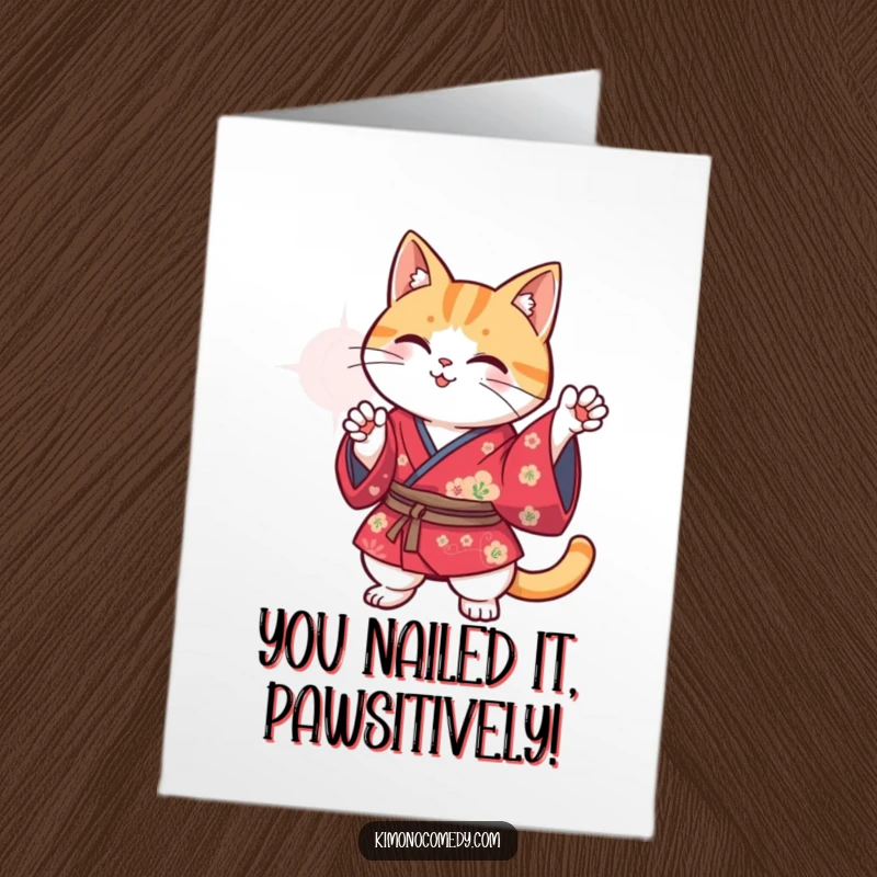 Funny Free Printable Congrats Card: Kawaii cat in a colorful kimono strikes a comically amusing pose to celebrate achievements.