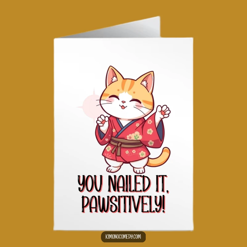 Free Printable Congrats Card: Kawaii Cat Kimono Pose - Funny Downloadable for Success