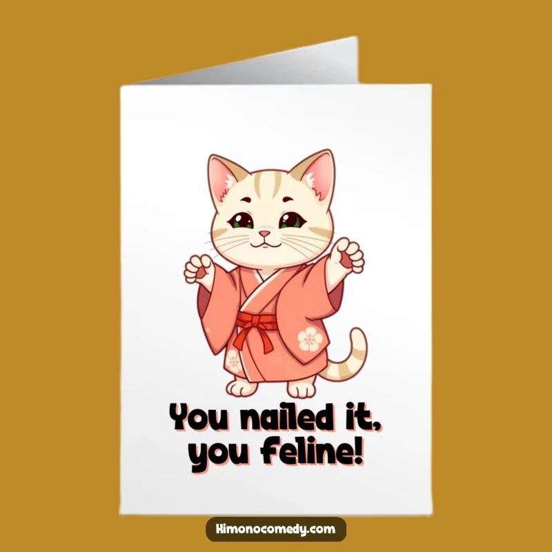 Free Printable Congrats Card: Cat's Kimono Pose, Stylish Downloadable Celebration Gift