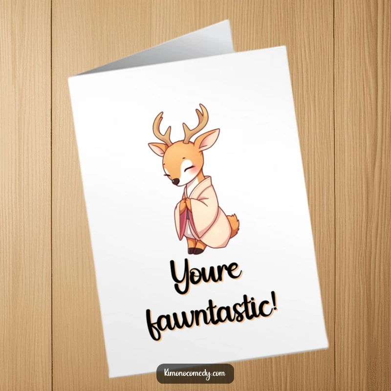 Free Printable Congrats Card: A serene deer in a delicate silk kimono gracefully bows in celebration.