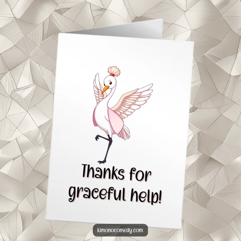 Funny Free Printable Thank You Card: A graceful crane in a flowing kimono performs a gentle dance, sending thanks.