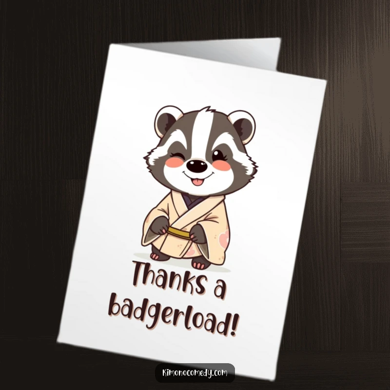 Funny Free Printable Thank You Card featuring a smiling badger in a kimono, giving a friendly wink of gratitude.