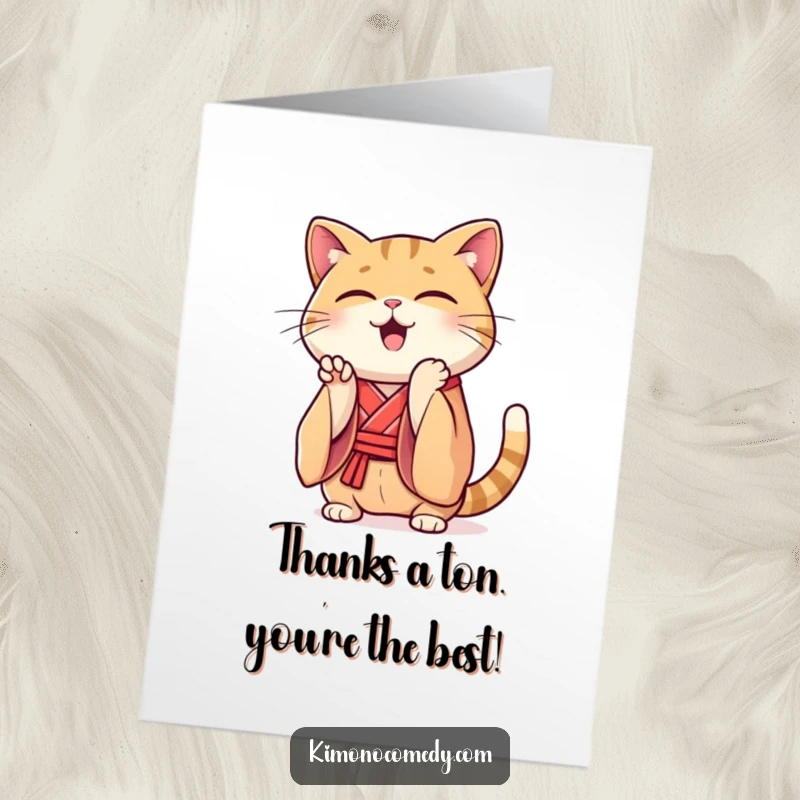 Funny Free Printable Thank You Card featuring a Kawaii cat in a silk kimono clapping its paws with great enthusiasm.