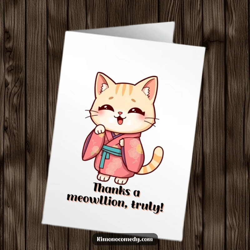 Funny Free Printable Thank You Card featuring a Kawaii cat in a bright kimono striking a comically playful pose.