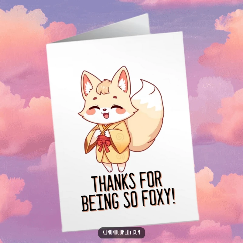 Funny Free Printable Thank You Card: Giggling kawaii kitsune in a kimono expressing thanks with wagging tails.