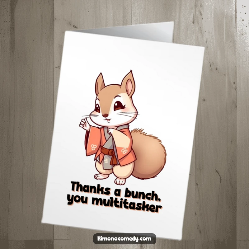 Funny free printable thank you card featuring a stylish Kawaii squirrel in a kimono striking a graceful pose.