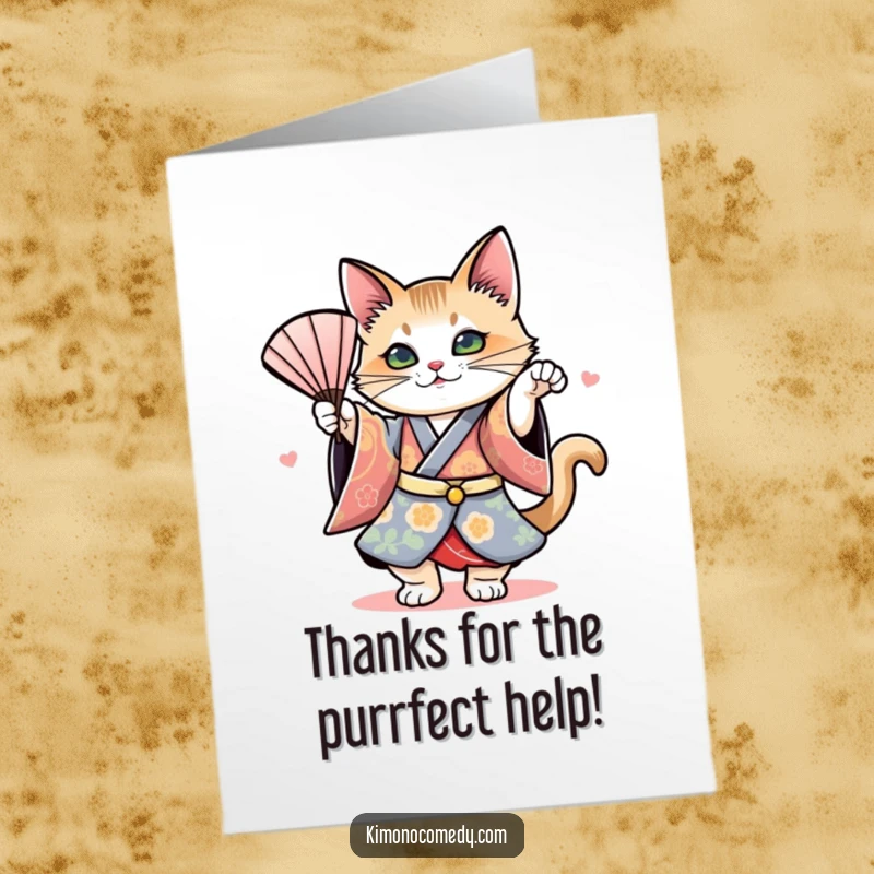 Funny Free Printable Thank You Card: A stylish cat in a kimono performs a graceful fan dance to say thank you.