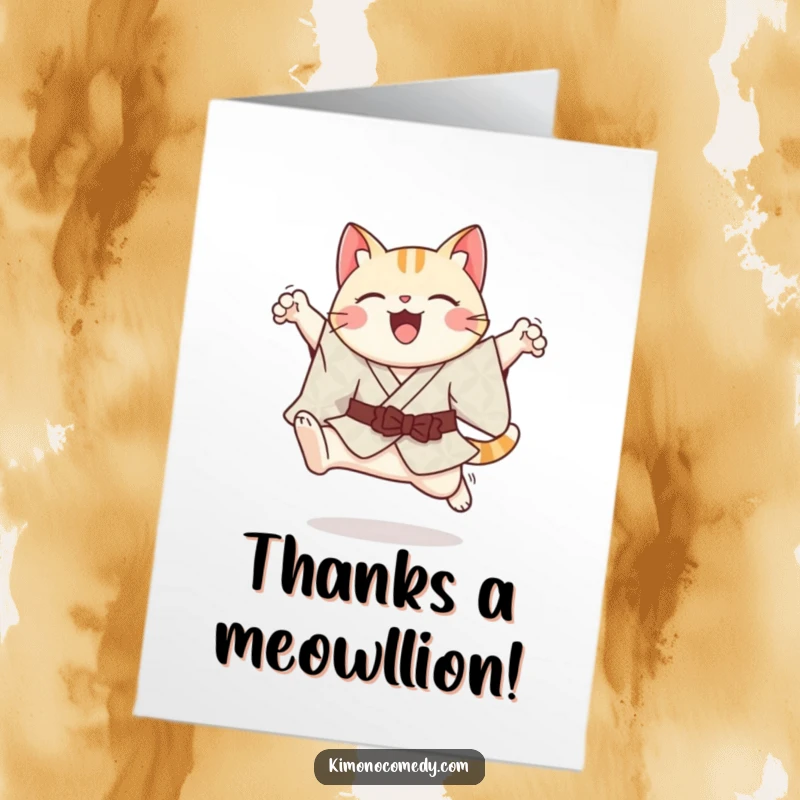 Free Printable Thank You Card: A happy kawaii cat leaps gracefully in a stylish kimono.