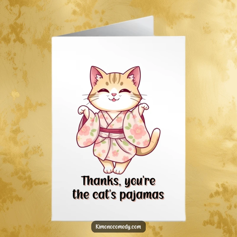 Funny Free Printable Thank You Card: A cat in a floral kimono does a graceful twirl, conveying thanks with a charming flourish.