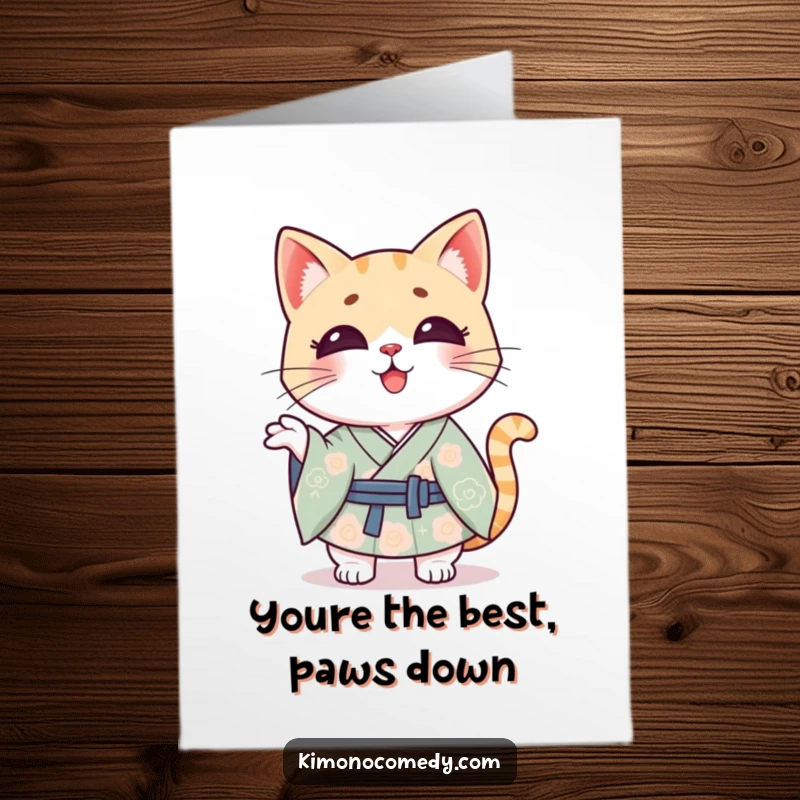 Funny Free Printable Thank You Card: Kawaii cat in a kimono shrugs casually, expressing thanks with humor.