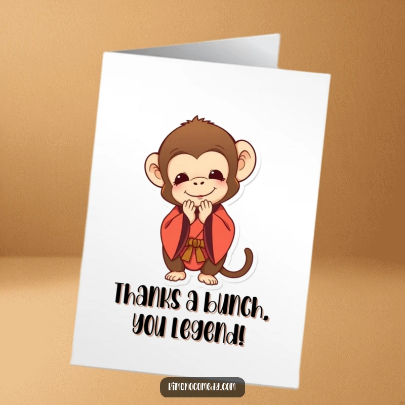 Funny Free Printable Thank You Card: A monkey in a kimono bows politely with a genuine smile of gratitude.